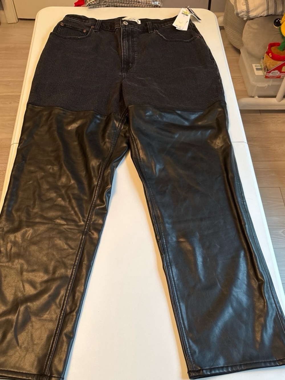 Abercrombie & Fitch Two‑Tone Black Faux Leather Panel Straight Leg Jeans